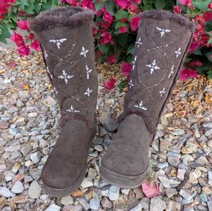 Roxy Igloo Boots Women's 8 Brown Suede Faux Fur Embroidered Sequins Y2K Winter